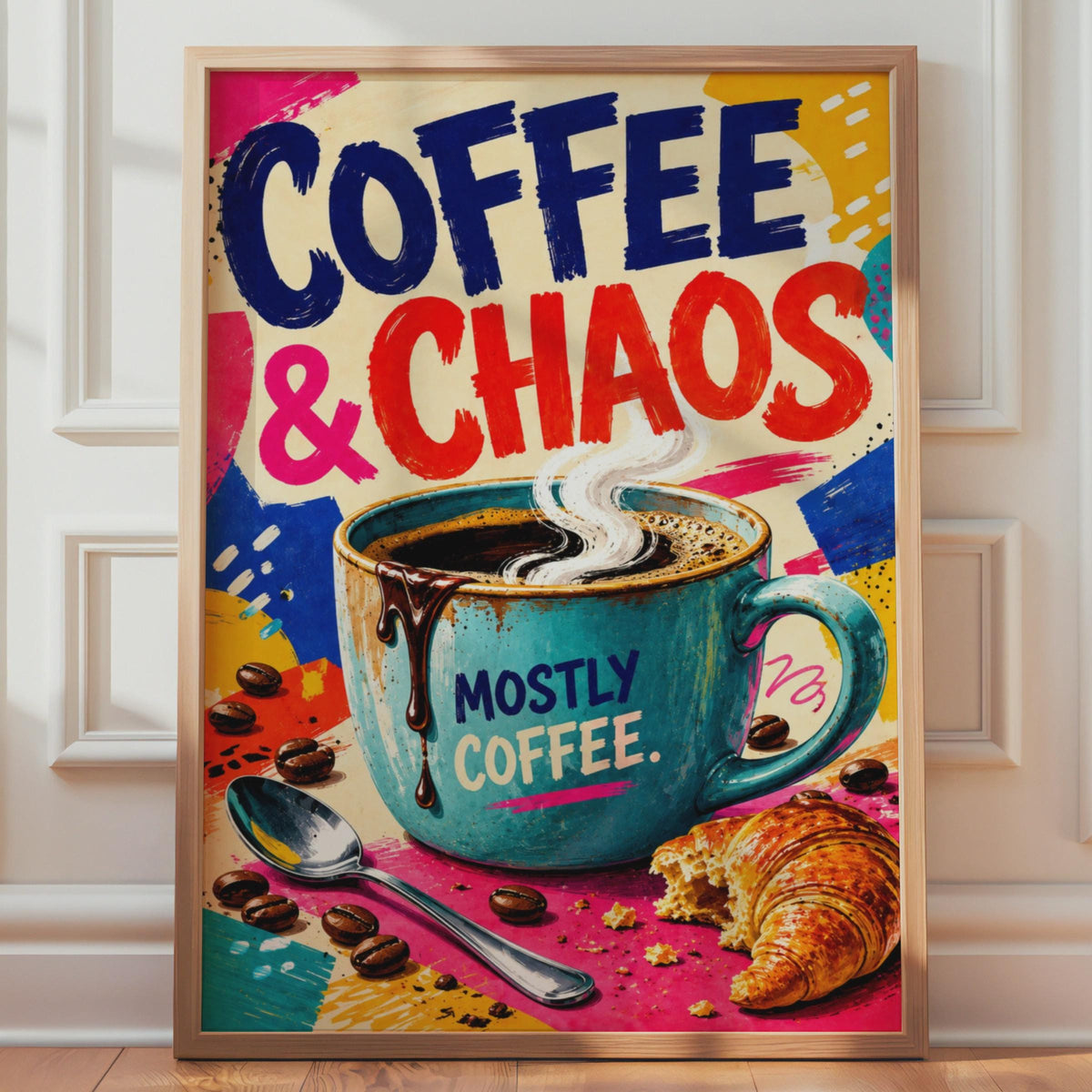 Coffee & Chaos Pop Art Poster, Bold Typography, Bright Kitchen Wall Art (Print)