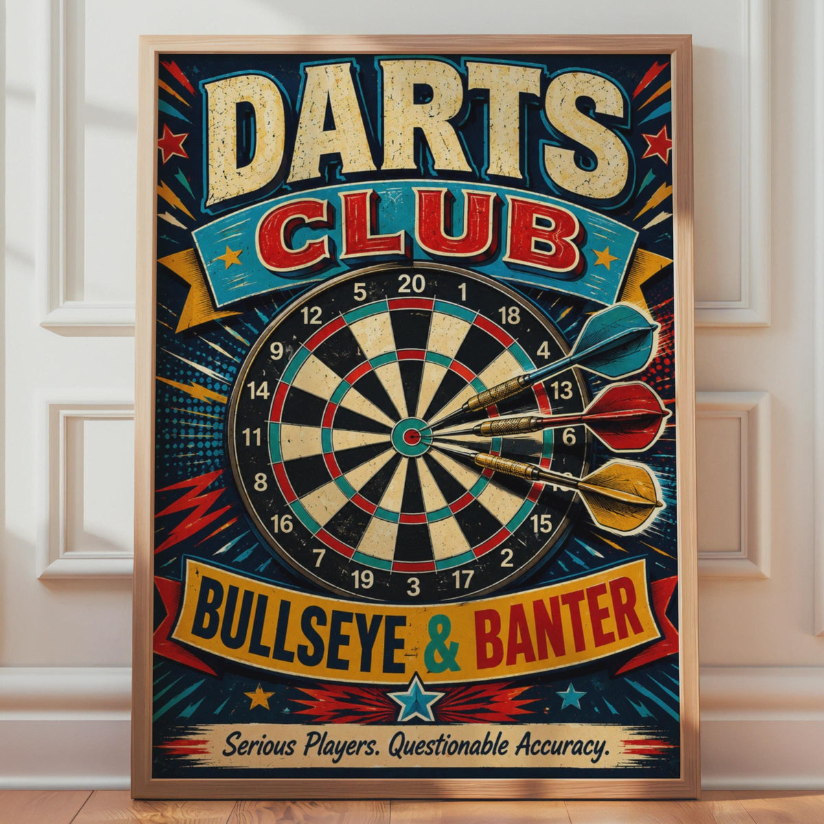 Retro Darts Club Bullseye Banter Poster, Vintage Pub Games Room Decor