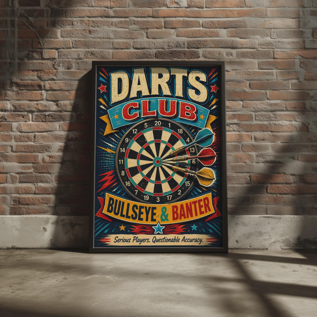 Retro Darts Club Bullseye Banter Poster, Vintage Pub Games Room Decor