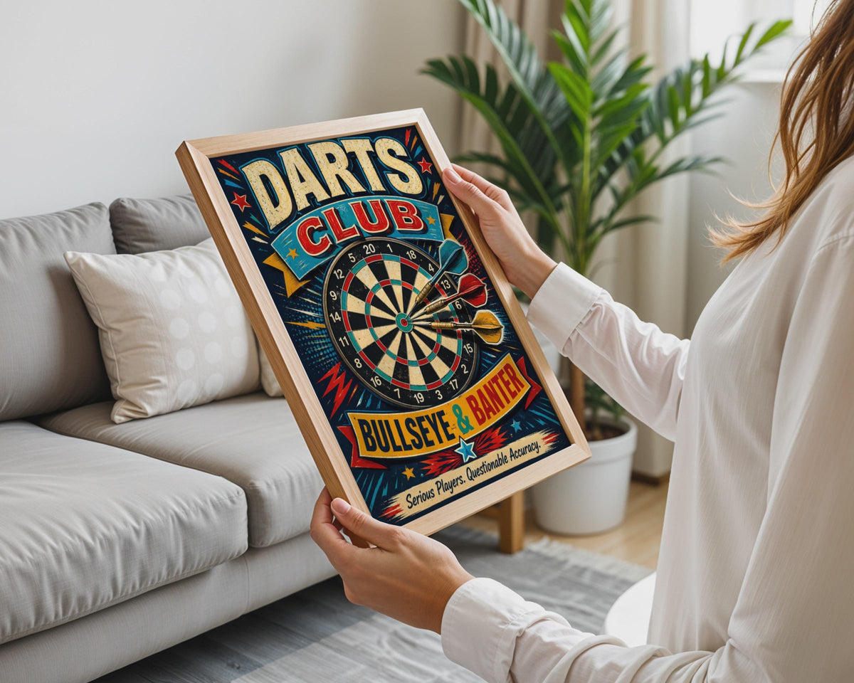 Retro Darts Club Bullseye Banter Poster, Vintage Pub Games Room Decor