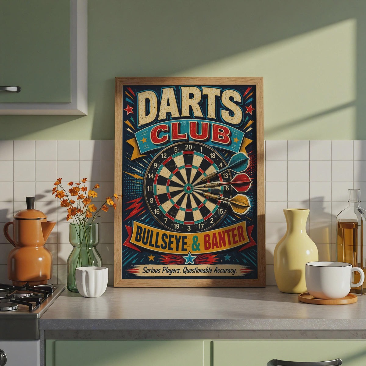 Retro Darts Club Bullseye Banter Poster, Vintage Pub Games Room Decor
