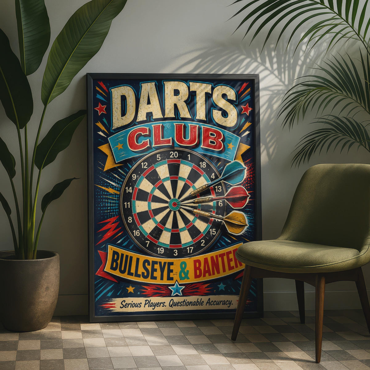 Retro Darts Club Bullseye Banter Poster, Vintage Pub Games Room Decor