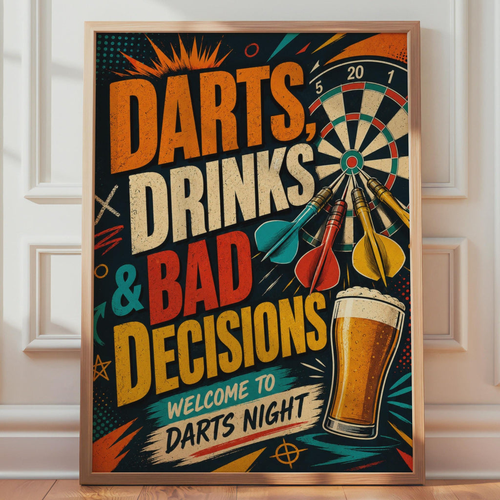 Retro Darts Night Poster, Funny Drinks & Bad Decisions Wall Art (A4)