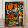 Retro Darts Night Poster, Funny Drinks & Bad Decisions Wall Art (A4)