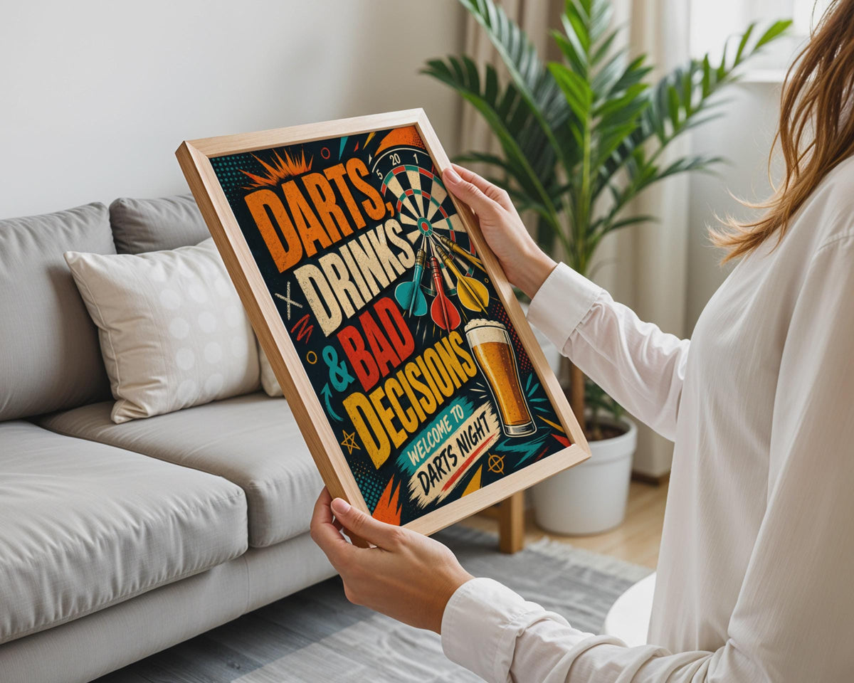Retro Darts Night Poster, Funny Drinks & Bad Decisions Wall Art (A4)