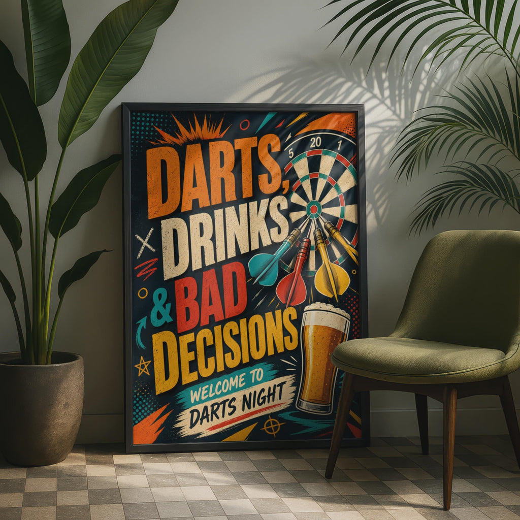 Retro Darts Night Poster, Funny Drinks & Bad Decisions Wall Art (A4)