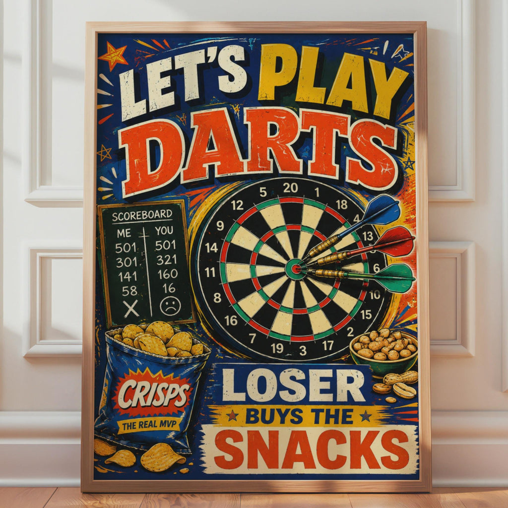 Retro Darts Poster, Loser Buys Snacks, Games Room Wall Art Print