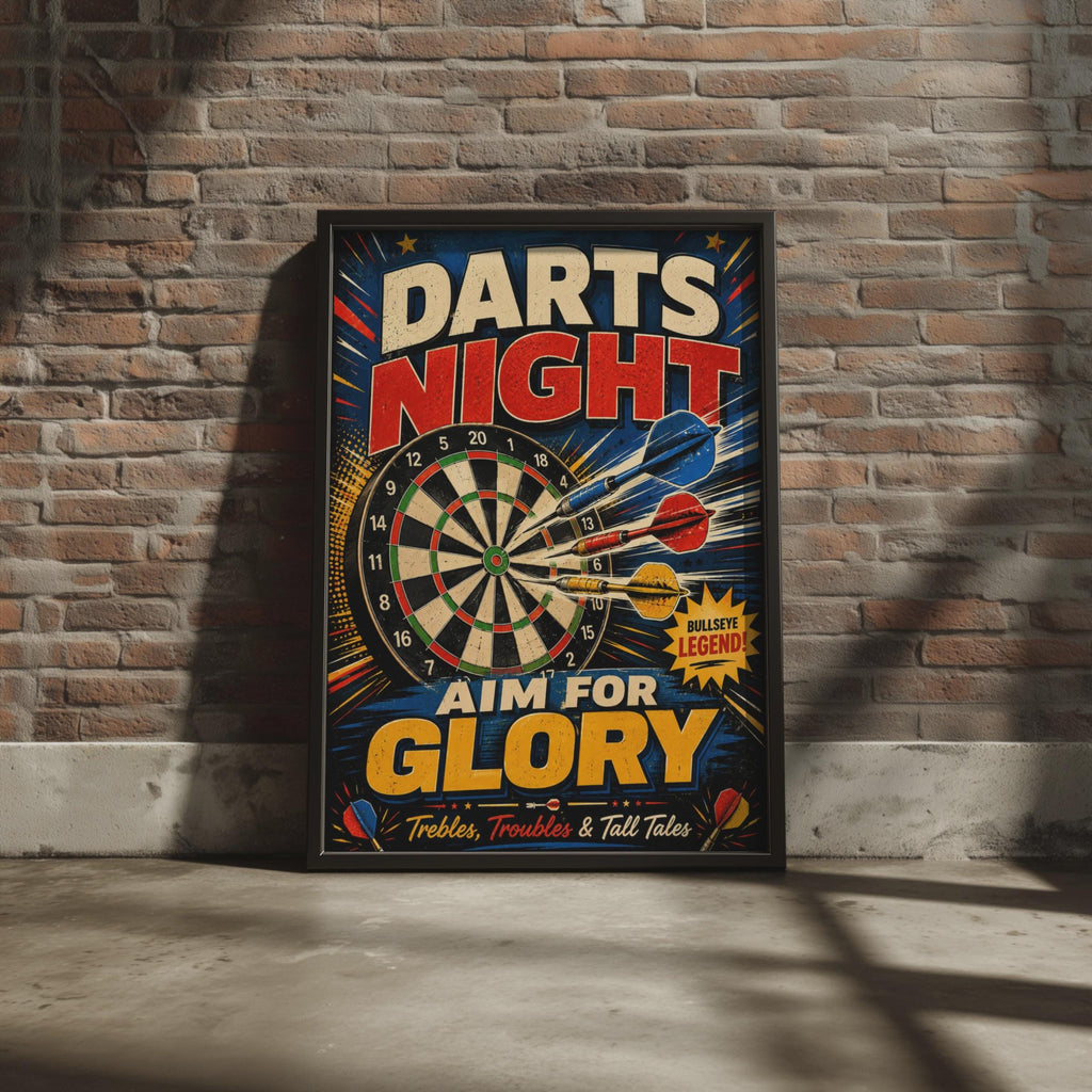 Retro Darts Night Poster, Aim For Glory Bullseye Print, Pub Games Decor (A4)