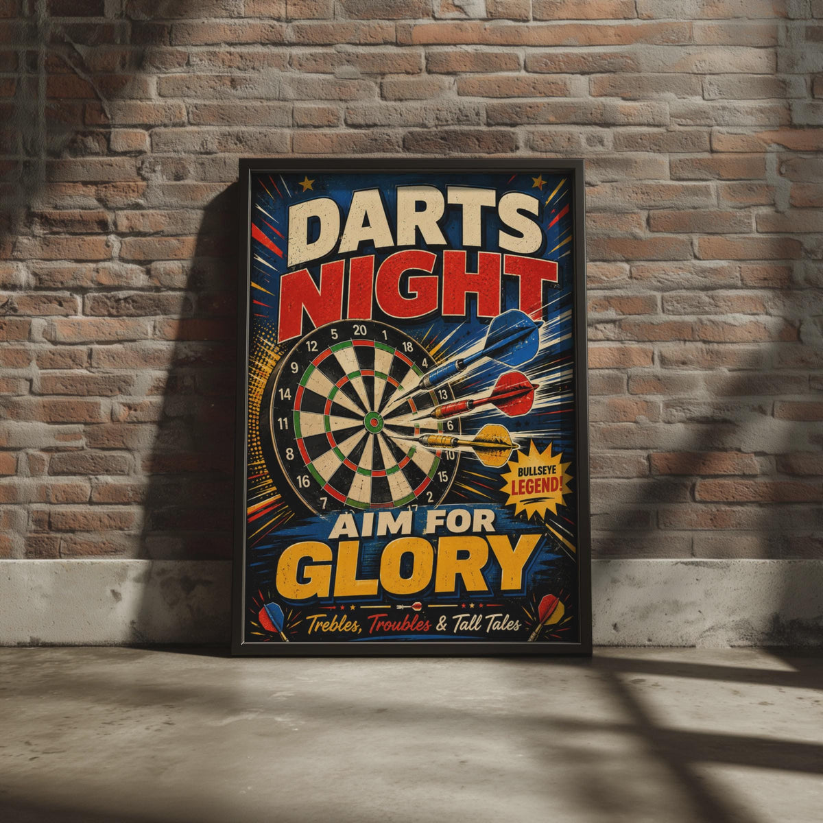 Retro Darts Night Poster, Aim For Glory Bullseye Print, Pub Games Decor (A4)