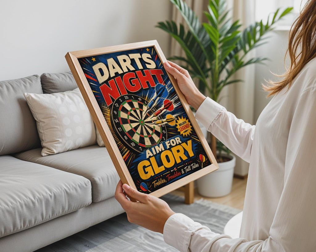 Retro Darts Night Poster, Aim For Glory Bullseye Print, Pub Games Decor (A4)