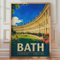 Bath Somerset England Travel Poster, Royal Crescent Architecture, Mid-Century Style Print
