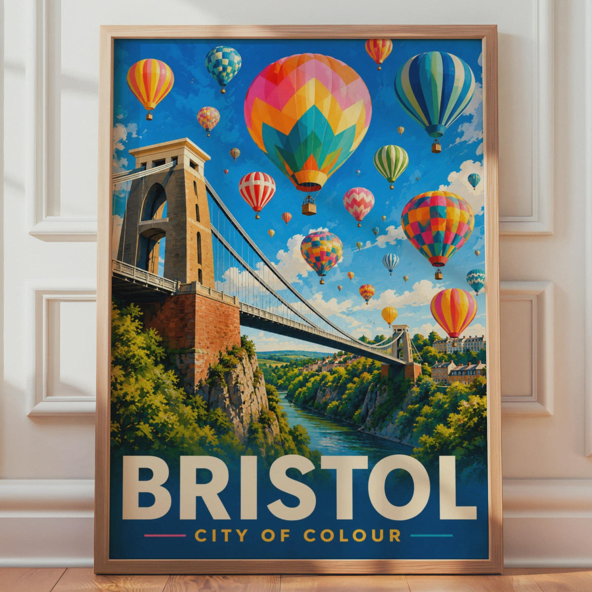 Bristol City of Colour Poster, Clifton Suspension Bridge, Hot Air Balloons (Print)