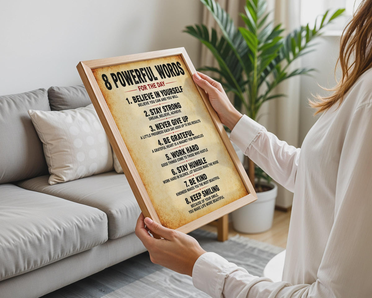 8 Powerful Words Motivational Poster, Vintage Typography Wall Art (A4)