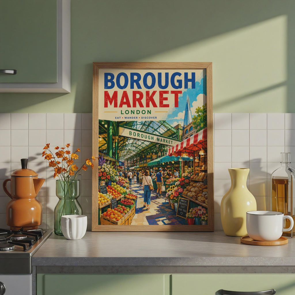 Borough Market London Retro Travel Poster, Food Market Illustration, Shard Skyline (Print)