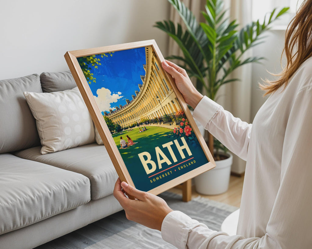 Bath Somerset England Travel Poster, Royal Crescent Architecture, Mid-Century Style Print