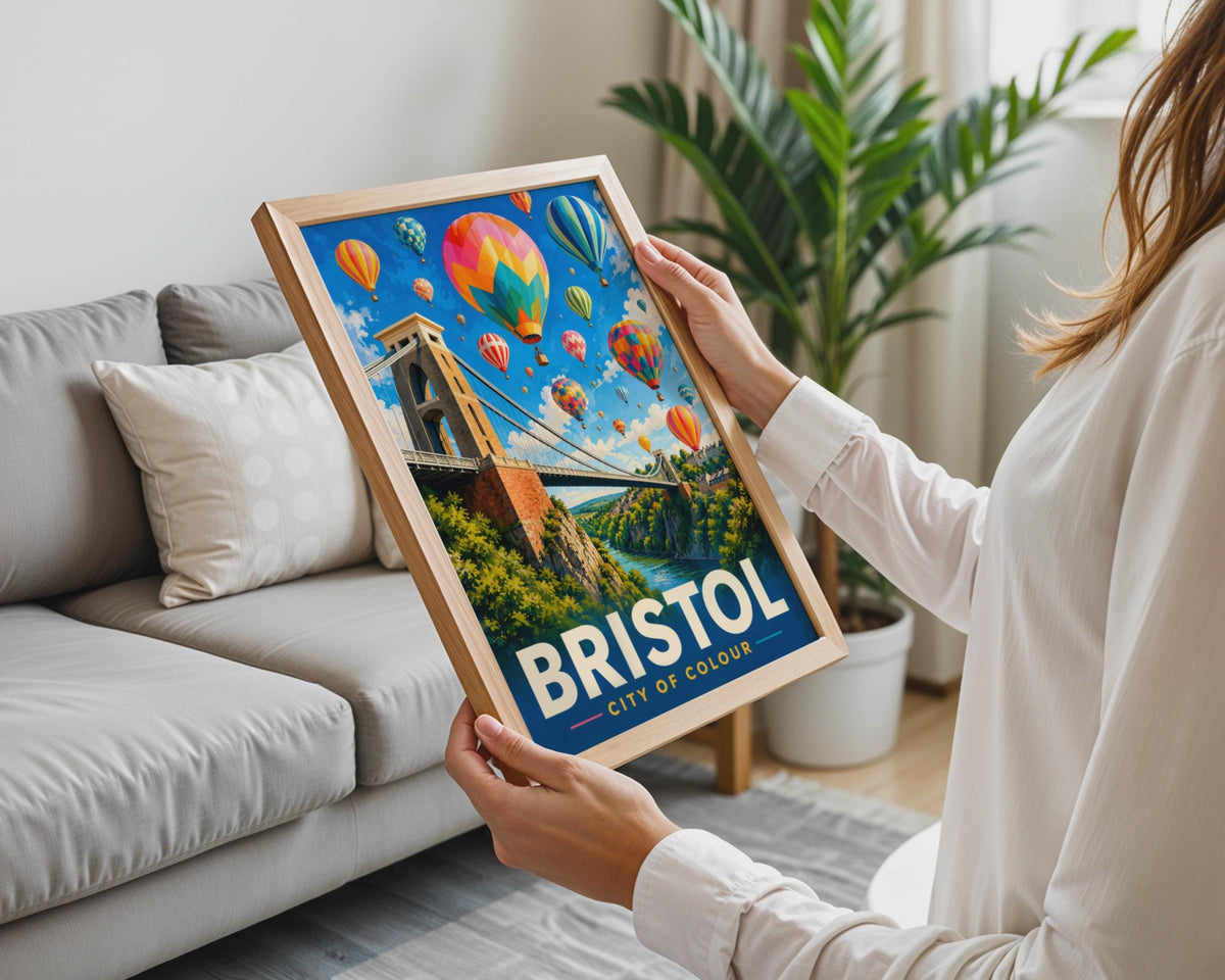 Bristol City of Colour Poster, Clifton Suspension Bridge, Hot Air Balloons (Print)
