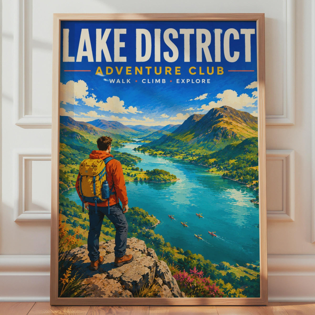 Lake District Adventure Club Poster, Retro Hiking Landscape Print (Cumbria Travel)
