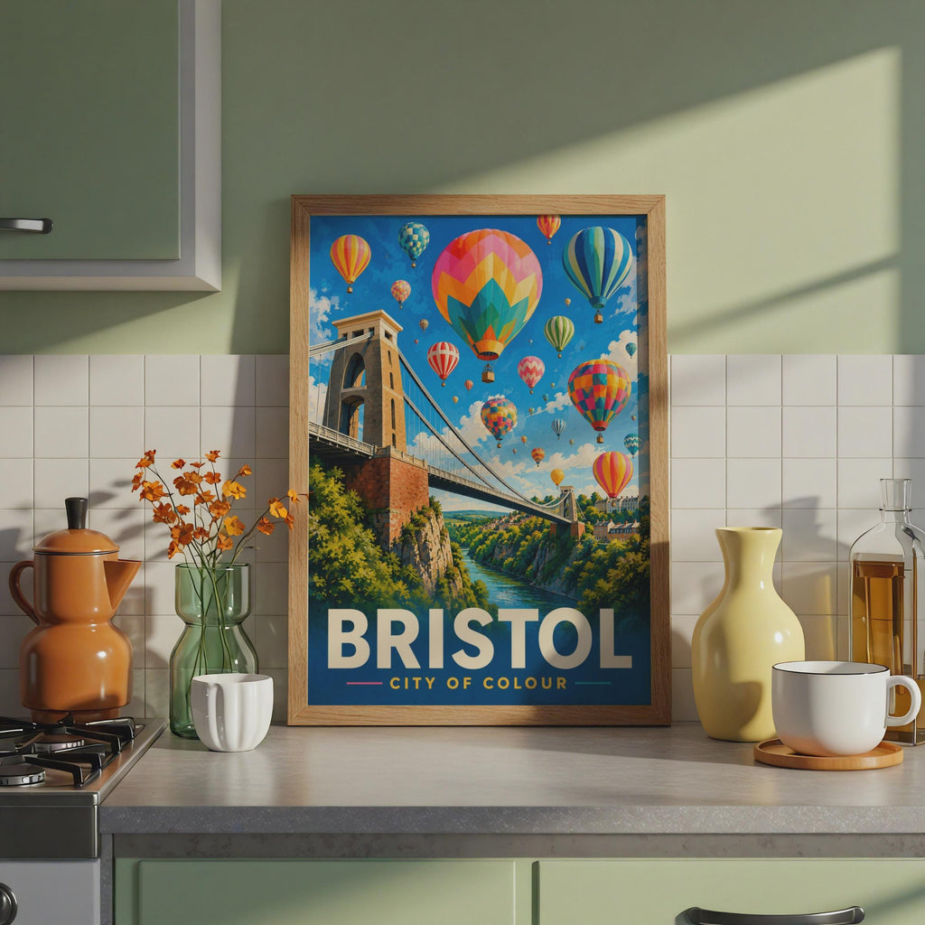 Bristol City of Colour Poster, Clifton Suspension Bridge, Hot Air Balloons (Print)