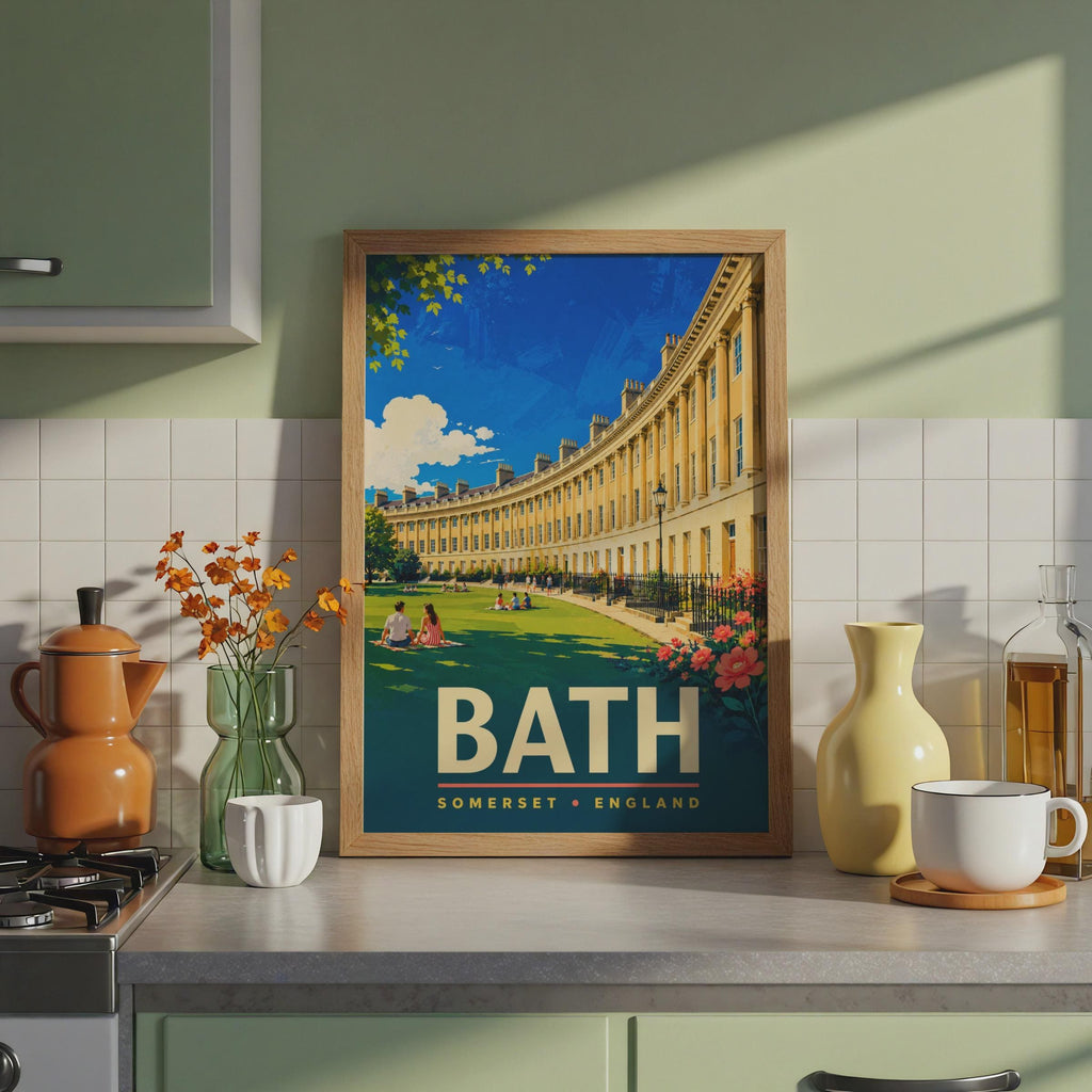 Bath Somerset England Travel Poster, Royal Crescent Architecture, Mid-Century Style Print