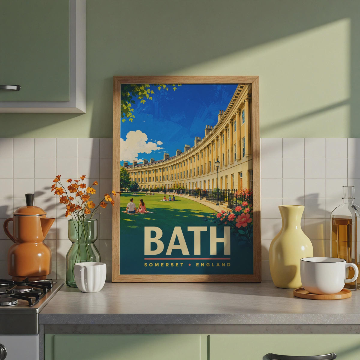 Bath Somerset England Travel Poster, Royal Crescent Architecture, Mid-Century Style Print