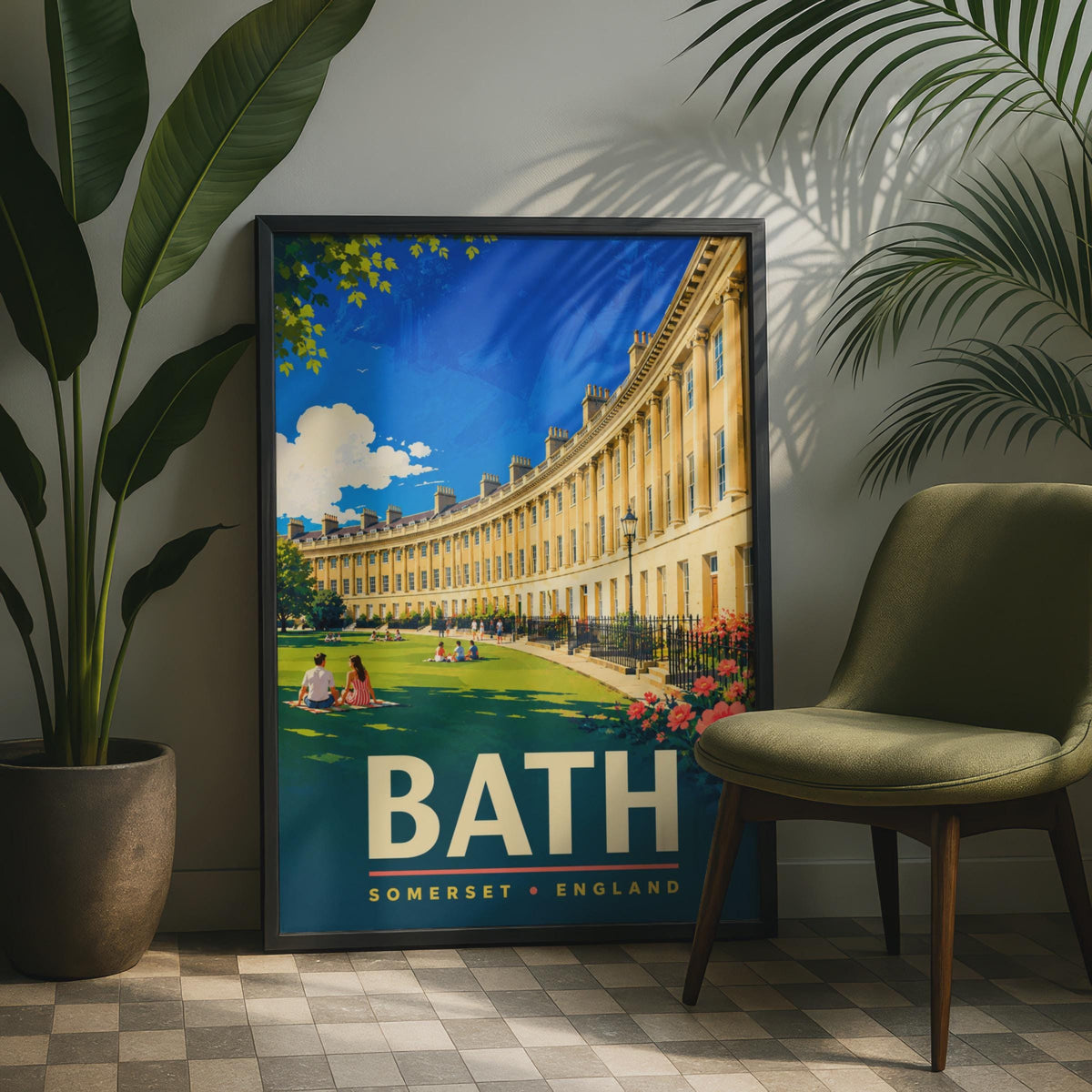 Bath Somerset England Travel Poster, Royal Crescent Architecture, Mid-Century Style Print
