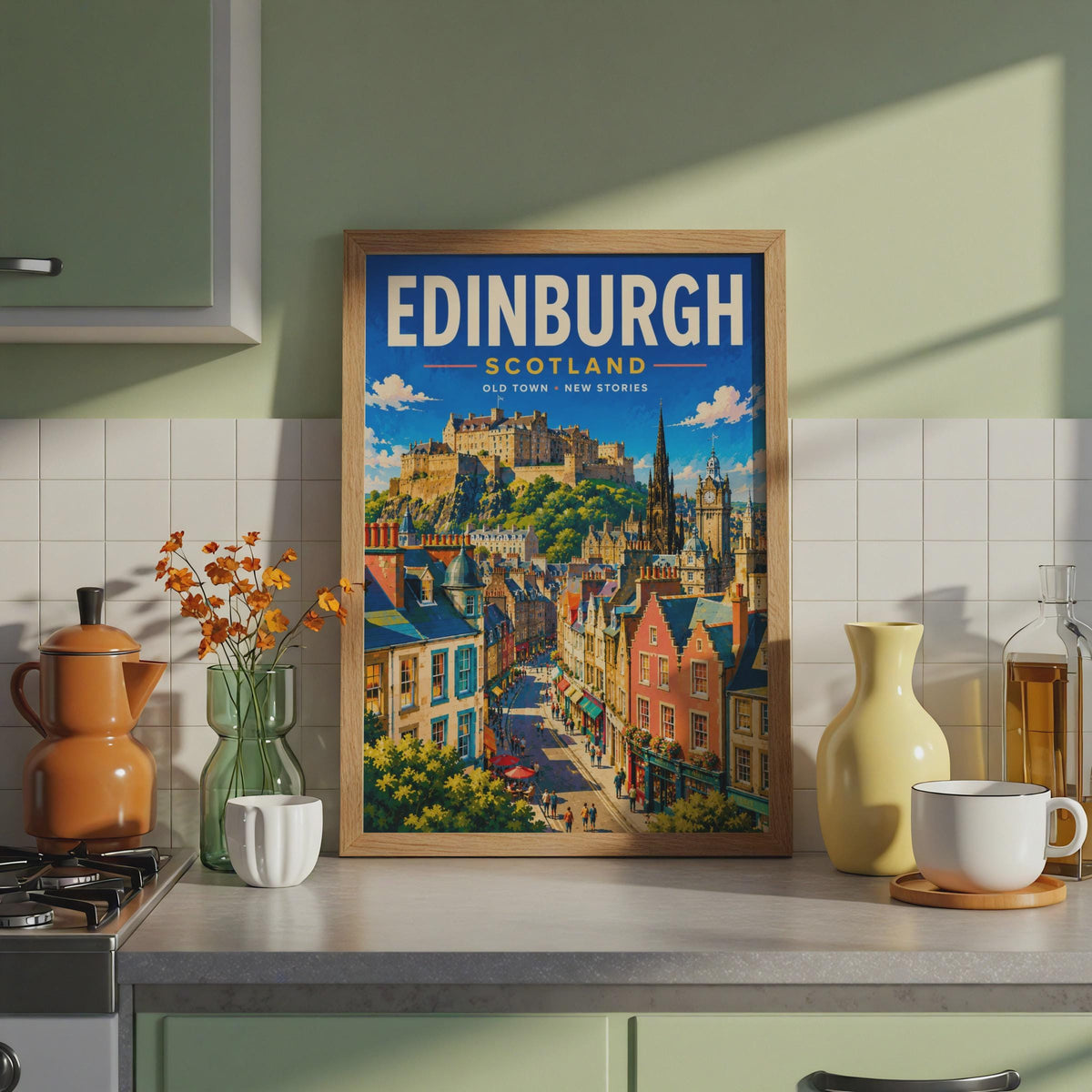Edinburgh Scotland Travel Poster, Royal Mile Castle Print, Retro Illustration (Ready to Frame)