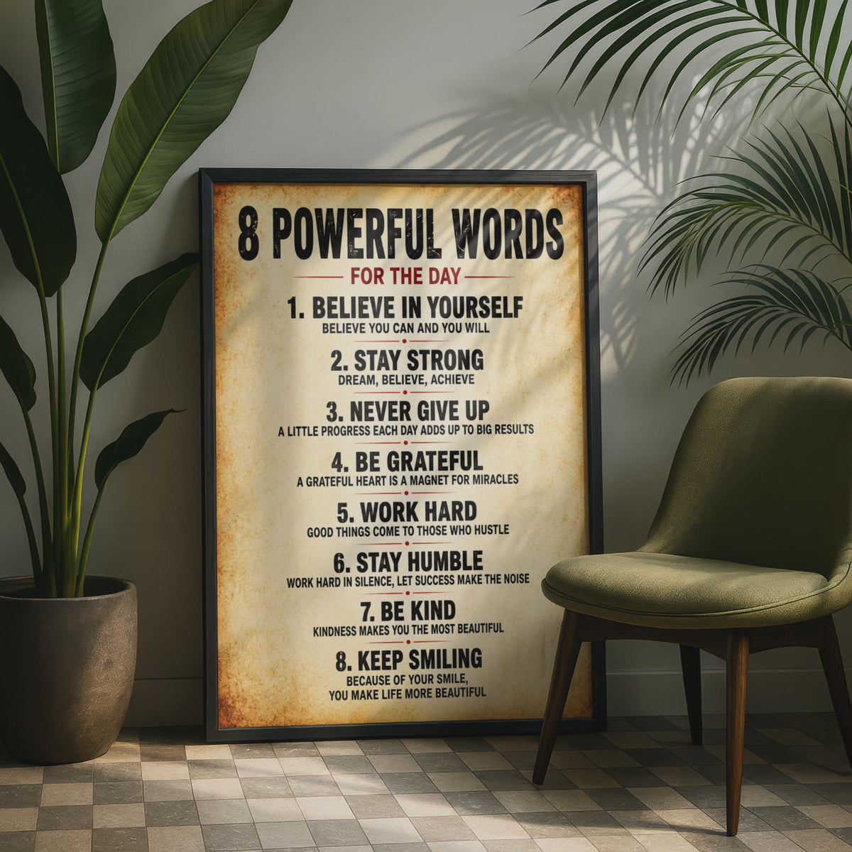 8 Powerful Words Motivational Poster, Vintage Typography Wall Art (A4)