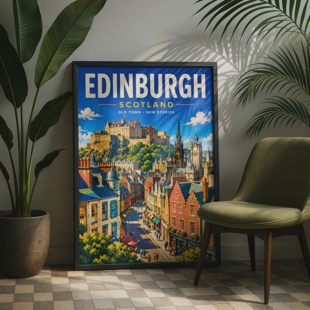 Edinburgh Scotland Travel Poster, Royal Mile Castle Print, Retro Illustration (Ready to Frame)