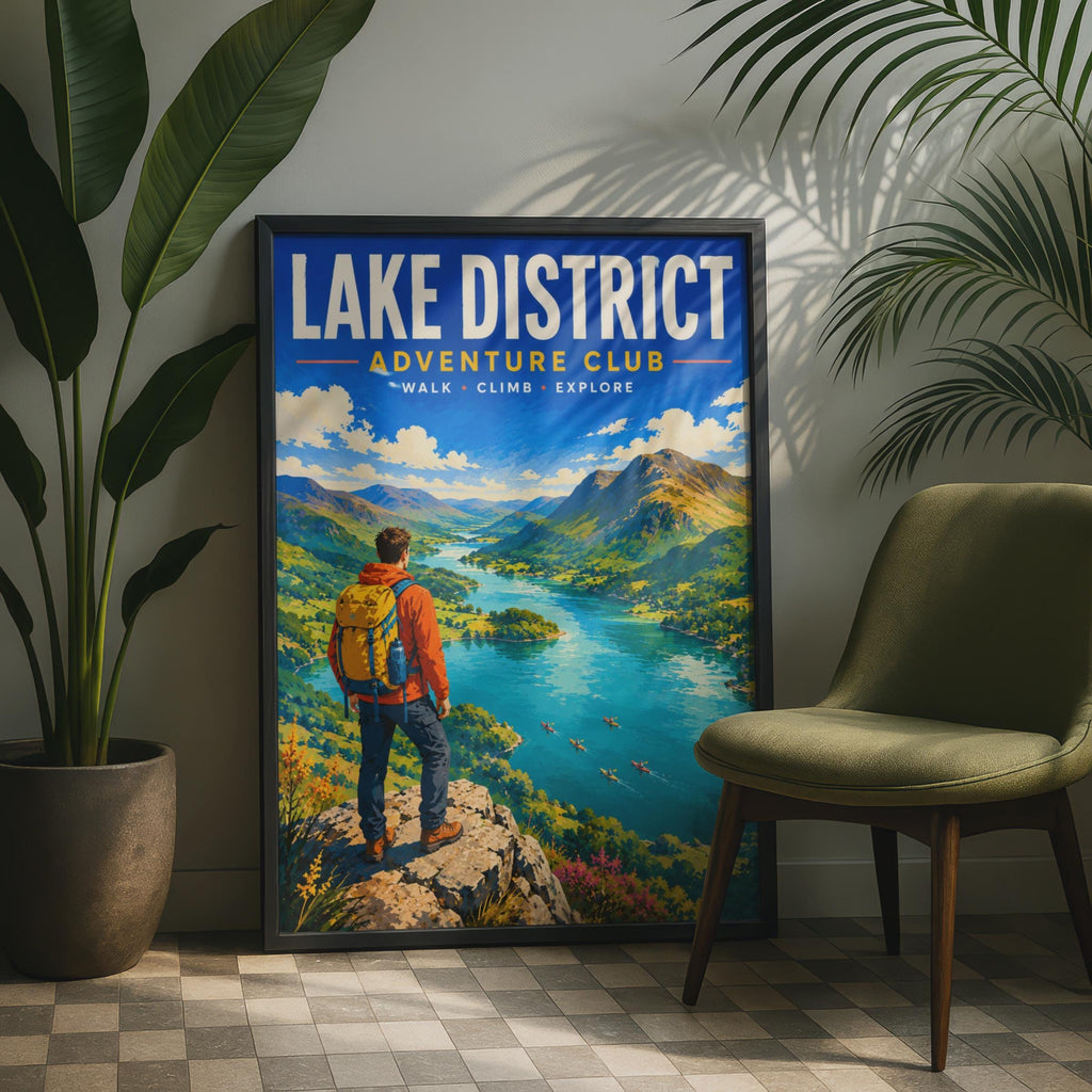 Lake District Adventure Club Poster, Retro Hiking Landscape Print (Cumbria Travel)