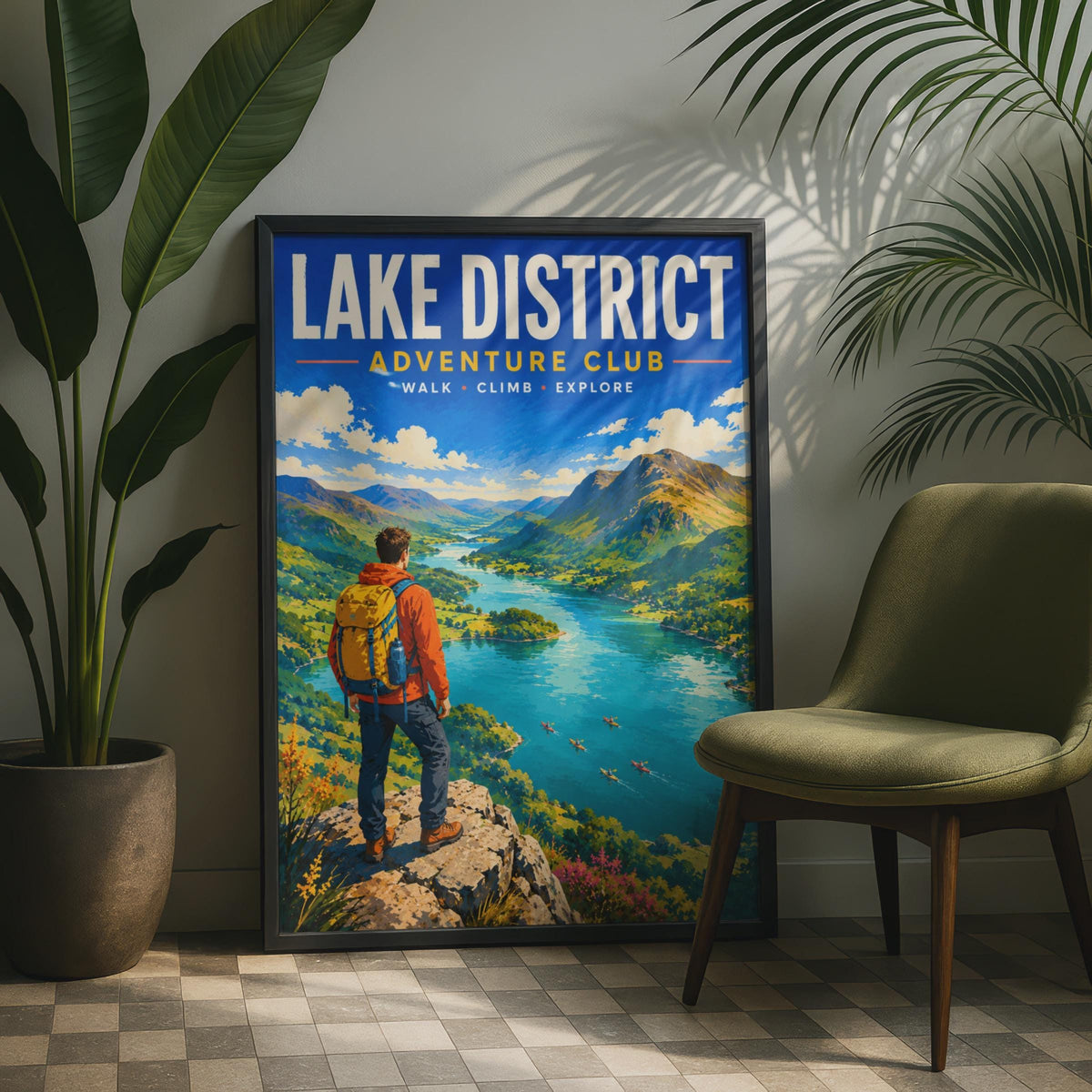 Lake District Adventure Club Poster, Retro Hiking Landscape Print (Cumbria Travel)