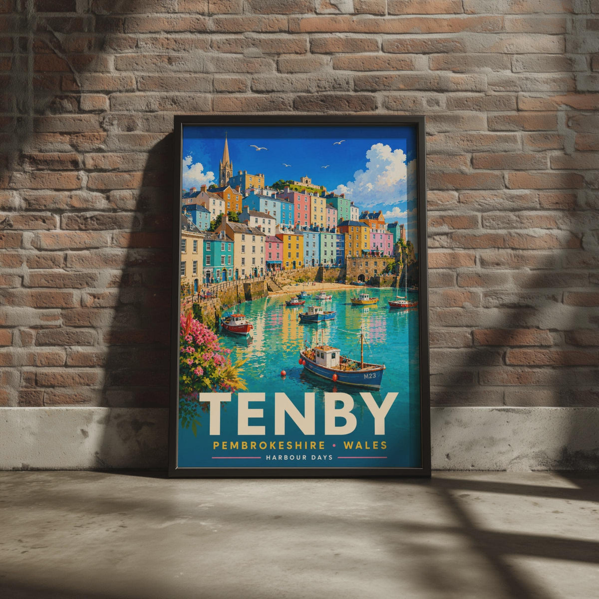Tenby Harbour Wales Poster, Retro Coastal Print, Pembrokeshire Travel Art (Physical Print)
