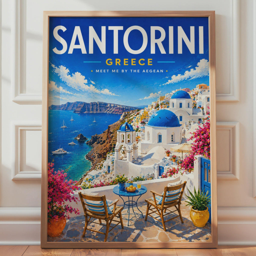 Santorini Greece Travel Poster, Blue Dome Church, Aegean Sea, Mediterranean Home Decor