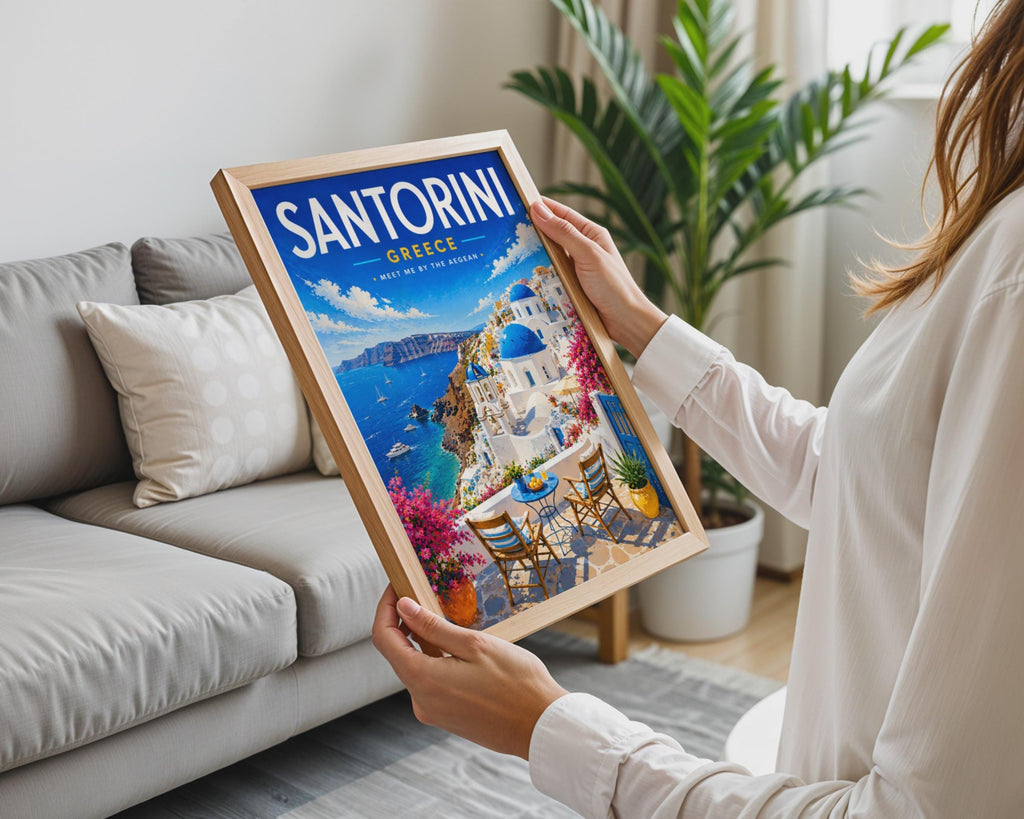 Santorini Greece Travel Poster, Blue Dome Church, Aegean Sea, Mediterranean Home Decor