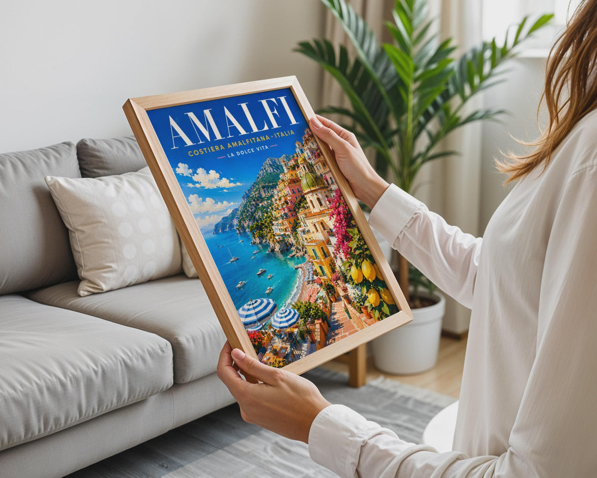 Amalfi Coast Italy Travel Poster, Retro Mediterranean Sea, La Dolce Vita Wall Art