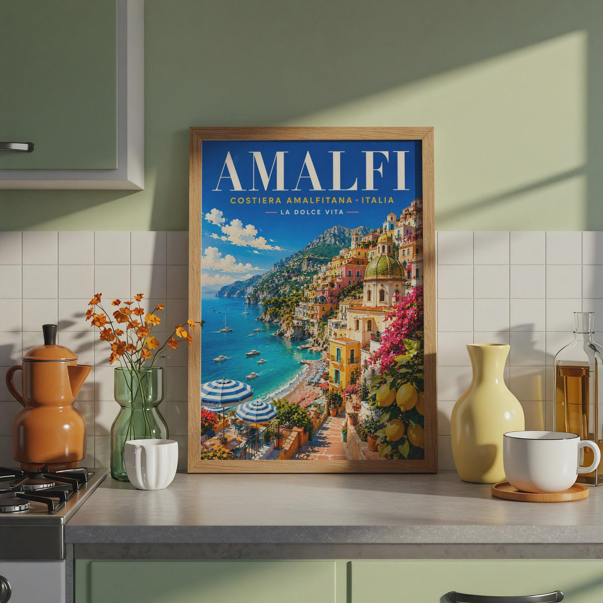 Amalfi Coast Italy Travel Poster, Retro Mediterranean Sea, La Dolce Vita Wall Art