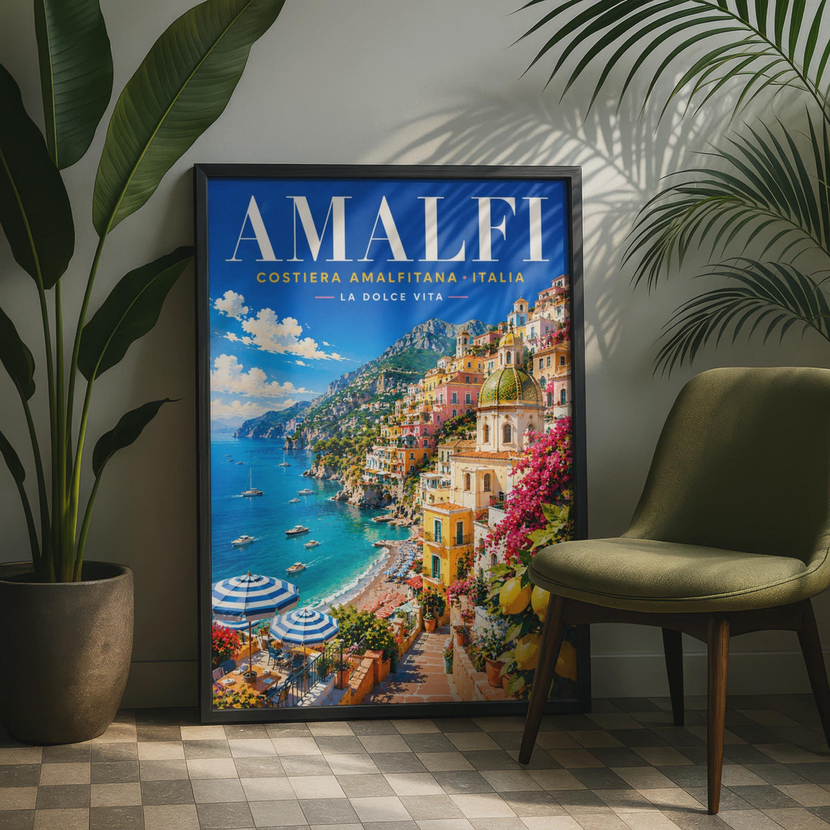 Amalfi Coast Italy Travel Poster, Retro Mediterranean Sea, La Dolce Vita Wall Art