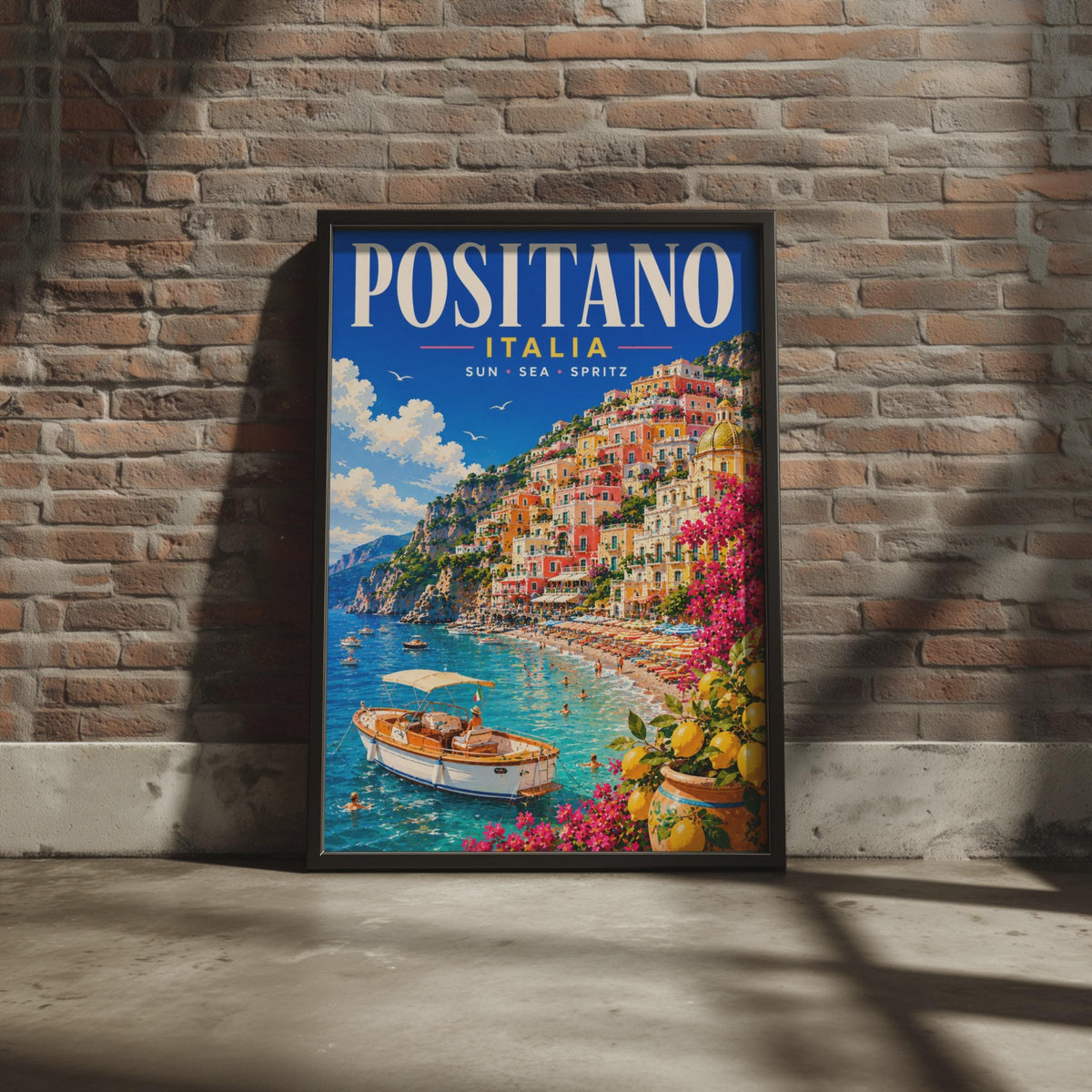Positano Italy Travel Poster, Amalfi Coast Wall Art, Retro Italian Riviera Print