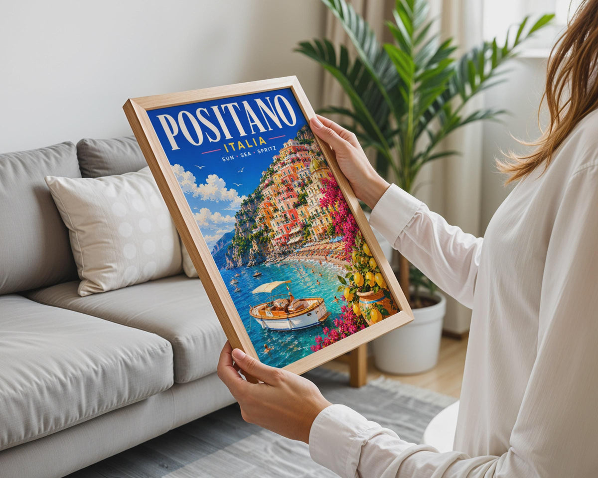 Positano Italy Travel Poster, Amalfi Coast Wall Art, Retro Italian Riviera Print