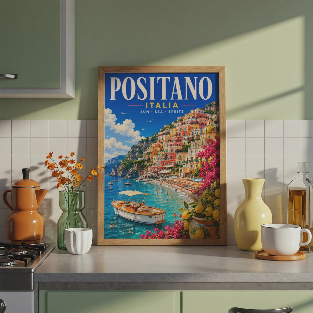 Positano Italy Travel Poster, Amalfi Coast Wall Art, Retro Italian Riviera Print