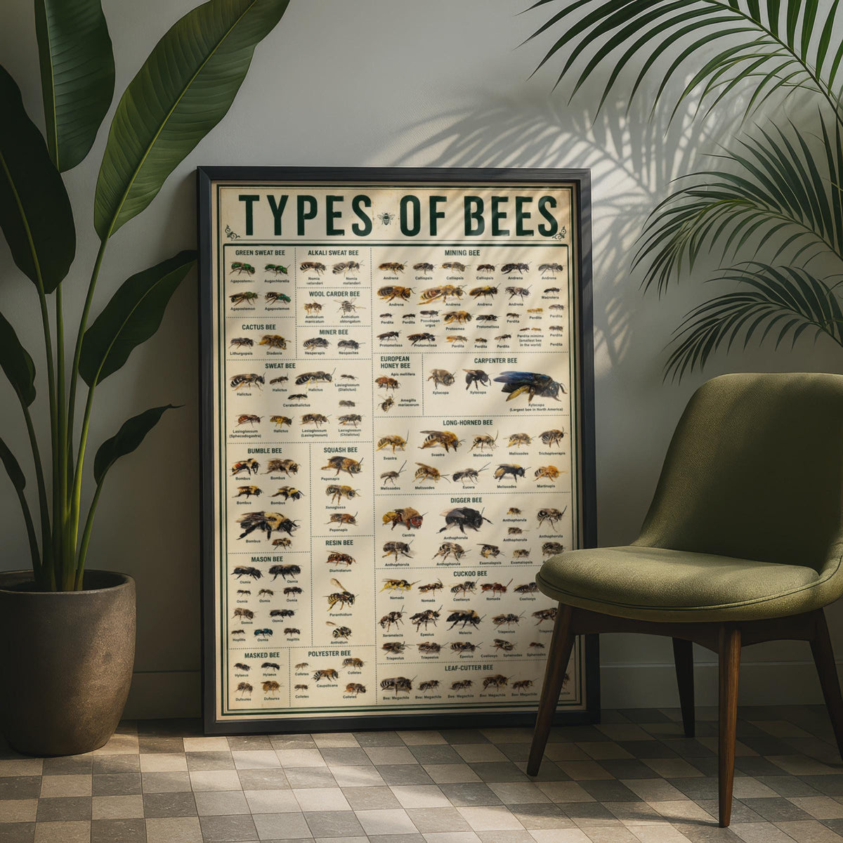 Bee Species Identification Chart Poster, Entomology Wall Art Print (Physical)