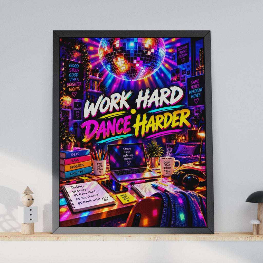 Work Hard Dance Harder Disco Ball Poster, Neon Retro Study Room Art (Print)