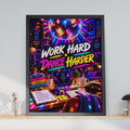 Work Hard Dance Harder Disco Ball Poster, Neon Retro Study Room Art (Print)