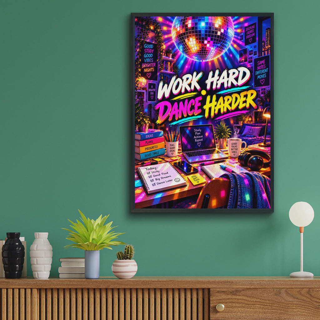 Work Hard Dance Harder Disco Ball Poster, Neon Retro Study Room Art (Print)