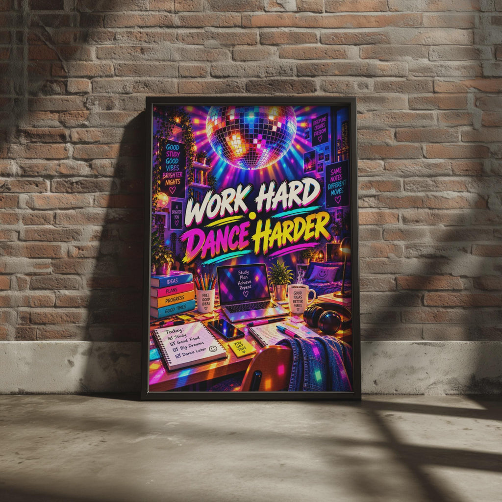 Work Hard Dance Harder Disco Ball Poster, Neon Retro Study Room Art (Print)