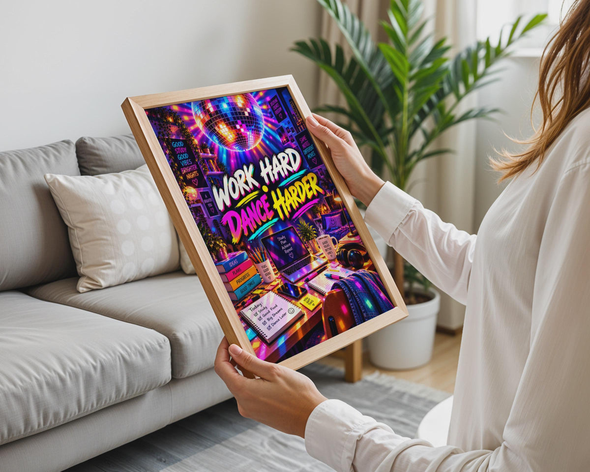 Work Hard Dance Harder Disco Ball Poster, Neon Retro Study Room Art (Print)