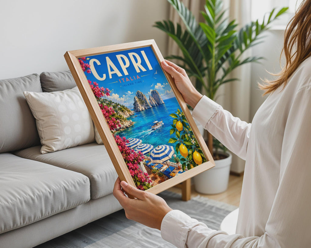 Capri Italy Travel Poster, Faraglioni Rocks, Mediterranean Amalfi Coast Decor