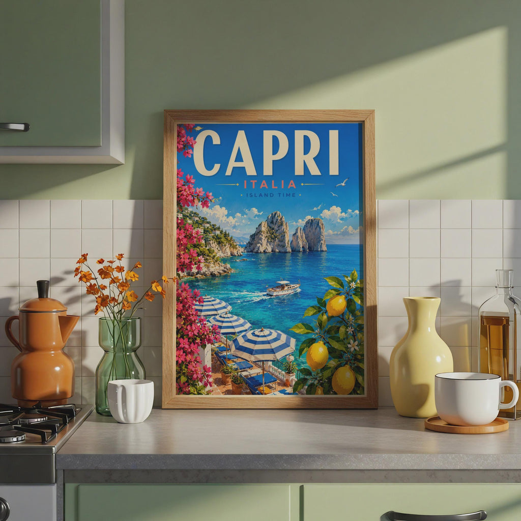 Capri Italy Travel Poster, Faraglioni Rocks, Mediterranean Amalfi Coast Decor