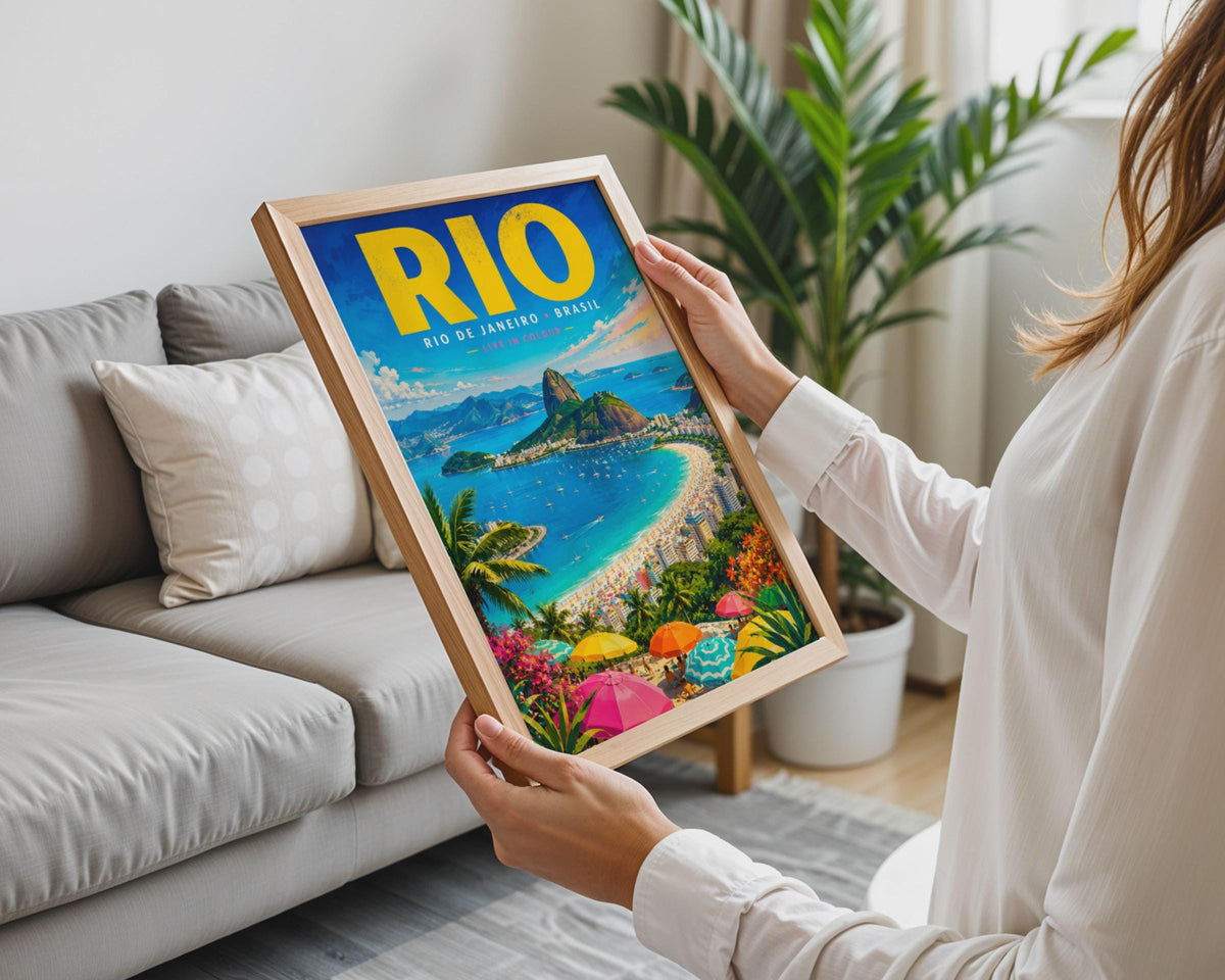 Rio de Janeiro Travel Poster, Copacabana Beach, Sugar Loaf Mountain (A4 Print)