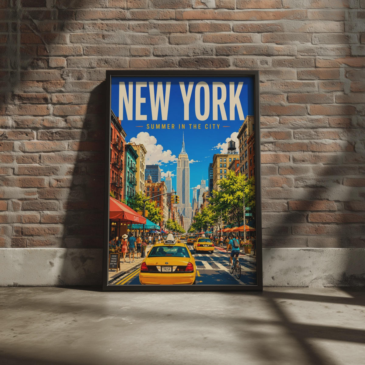 New York Summer City Poster, Yellow Taxis, Empire State Building (Print)