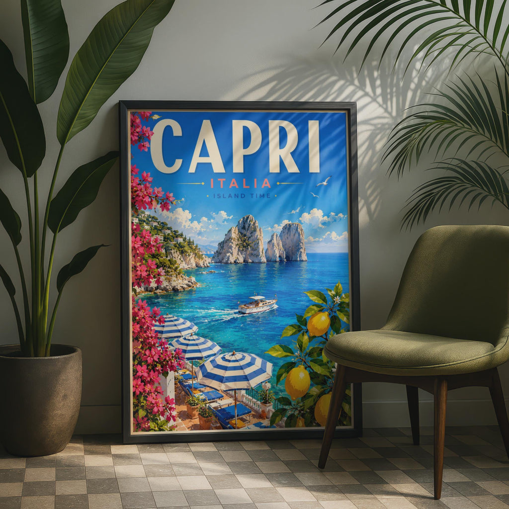 Capri Italy Travel Poster, Faraglioni Rocks, Mediterranean Amalfi Coast Decor